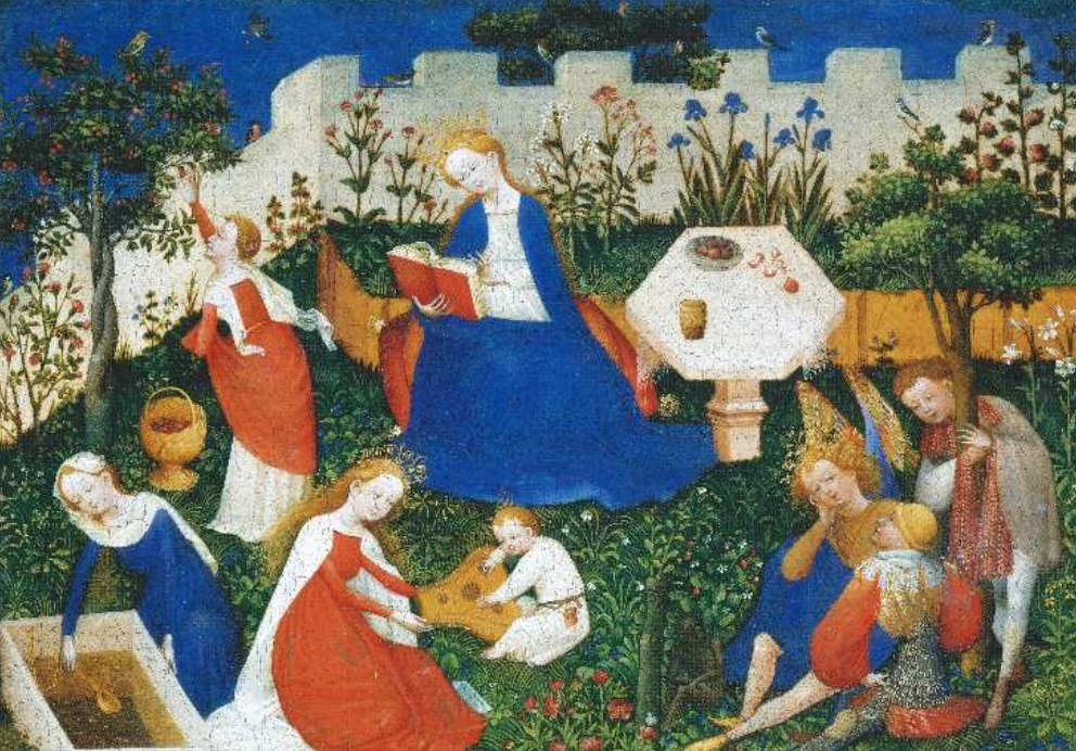 Mittelalterliche Gartenszene: Frauen und Kinder beim Spielen und Picknick vor einer Mauer, umgeben von Blumen und Bäumen